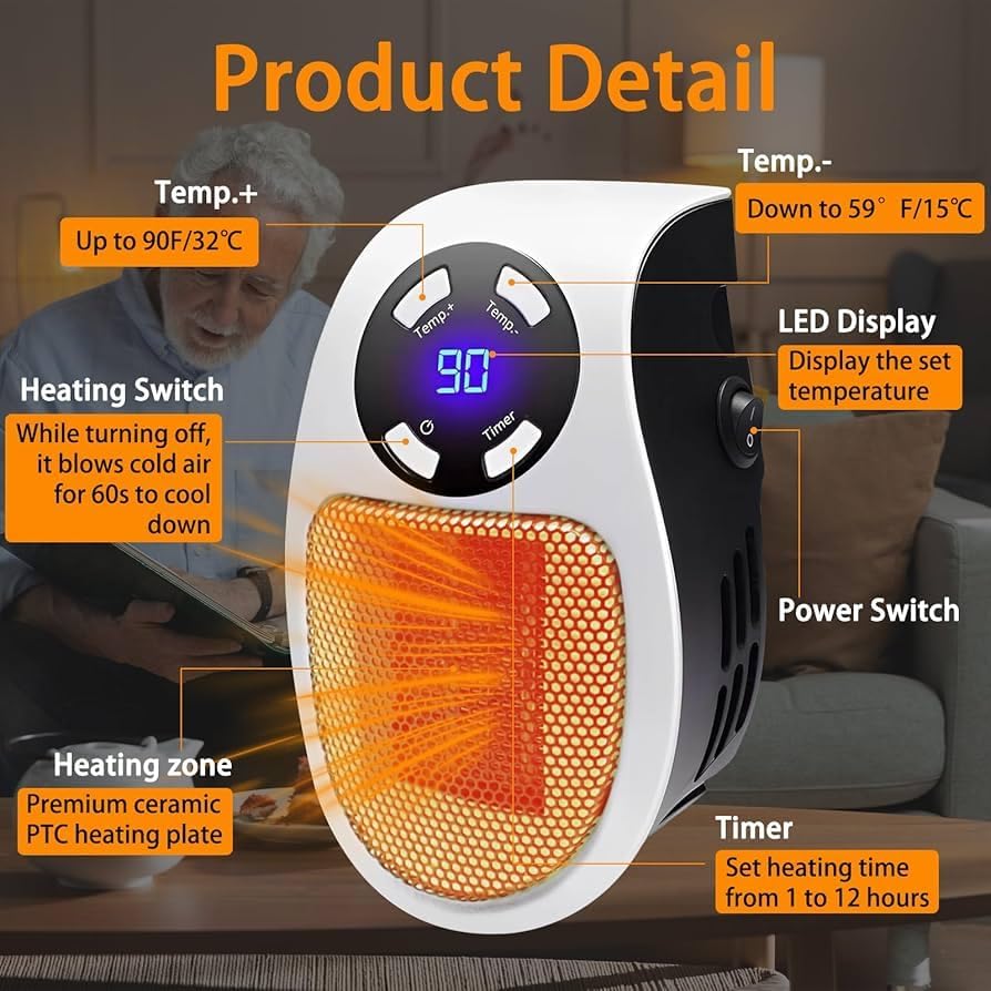 Mini Plug in Heater, Portable Wall Space Heater with Remote
